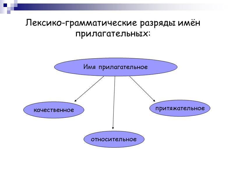 Лексико-грамматические разряды имён прилагательных:    Имя прилагательное качественное притяжательное относительное